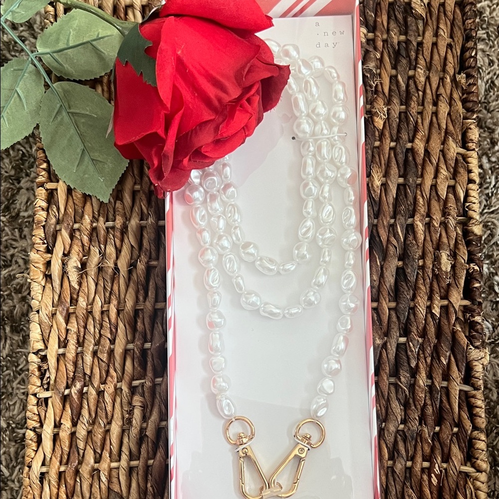 A New Day White Pearl Phone Case Strap with Gold Accents